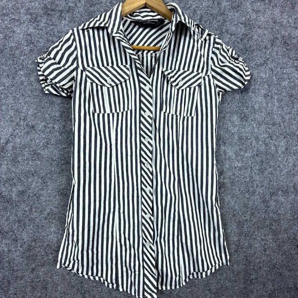 Norma Kamali Tops - Norma Kamali Shirt Womens XS Black White Striped Button Up Short Sleeve Long